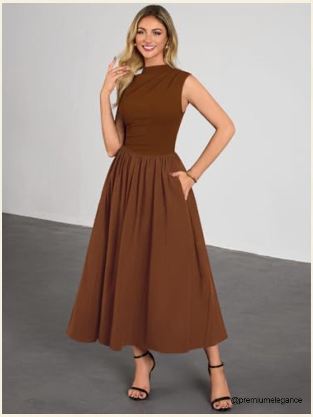 Women's Retro Half Collar Sleeveless Swing Dress with Pockets - Picture 3 of 7